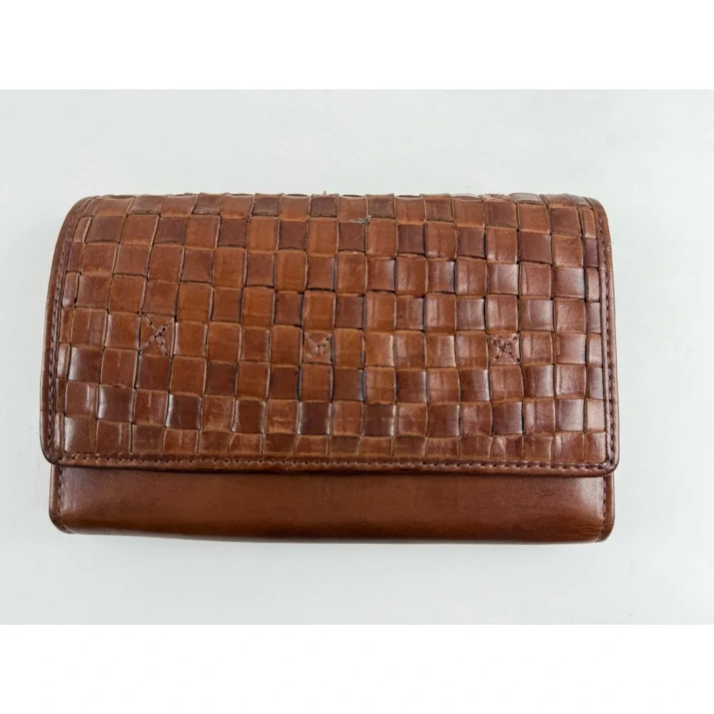 Gaung Tong Brown Leather Woven Organizer Zip Pocket Card Holder Womens Wallet